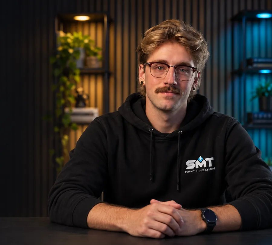 Drew at his desk, wearing his Summit Intake Systems hoodie