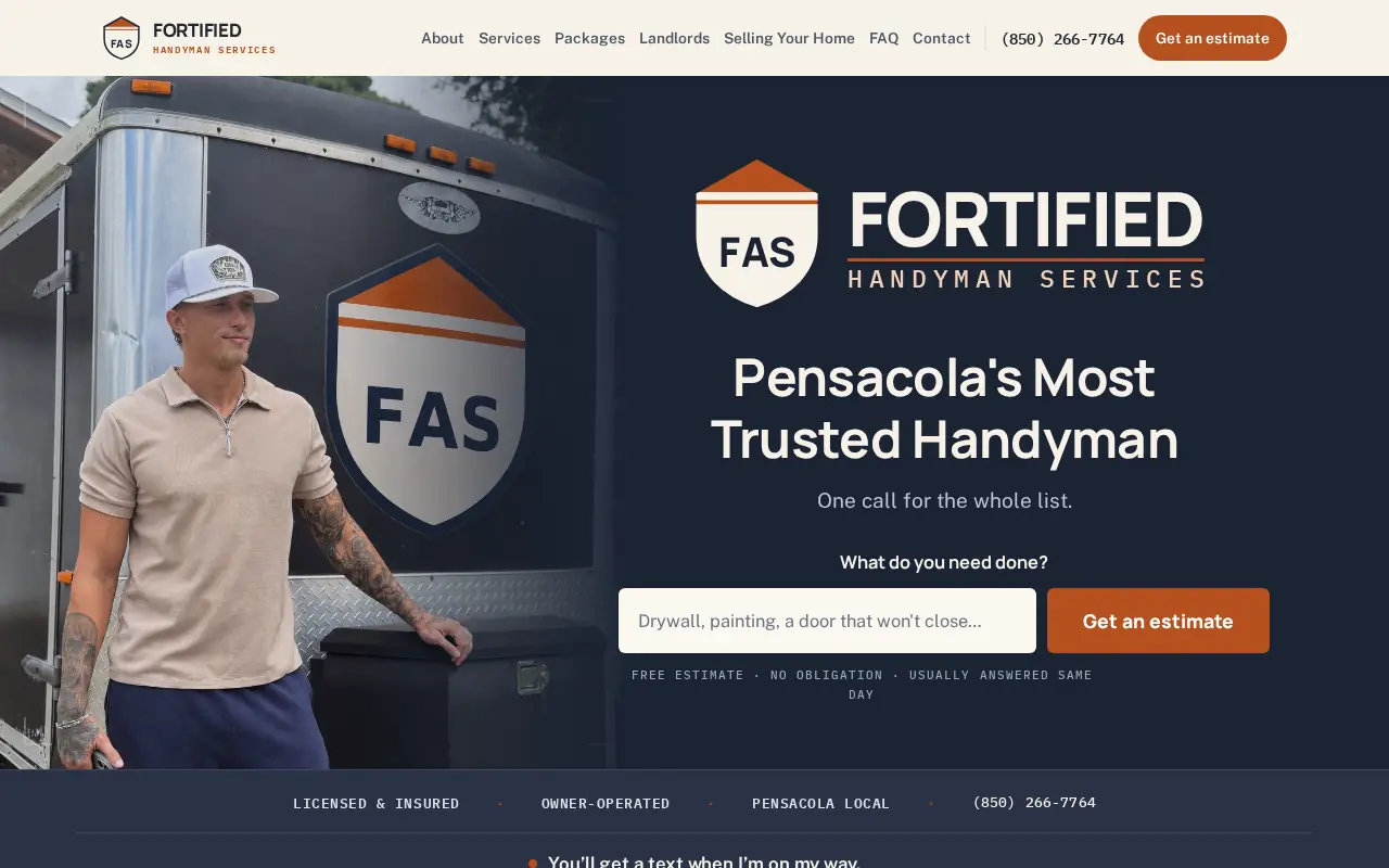 Fortified Asset Solutions homepage — a Pensacola handyman site with an estimate form above the fold