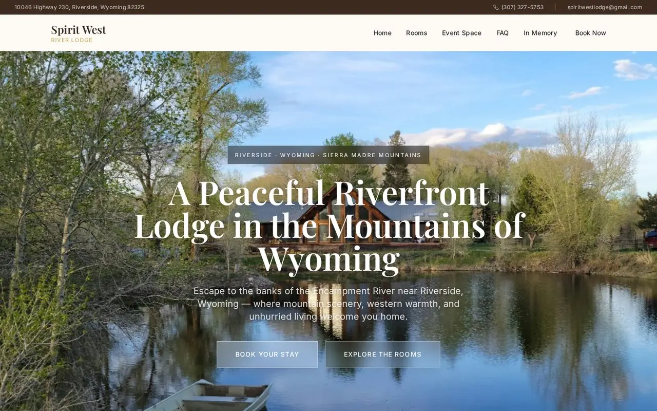 Spirit West River Lodge homepage — rooms, event space and a booking flow