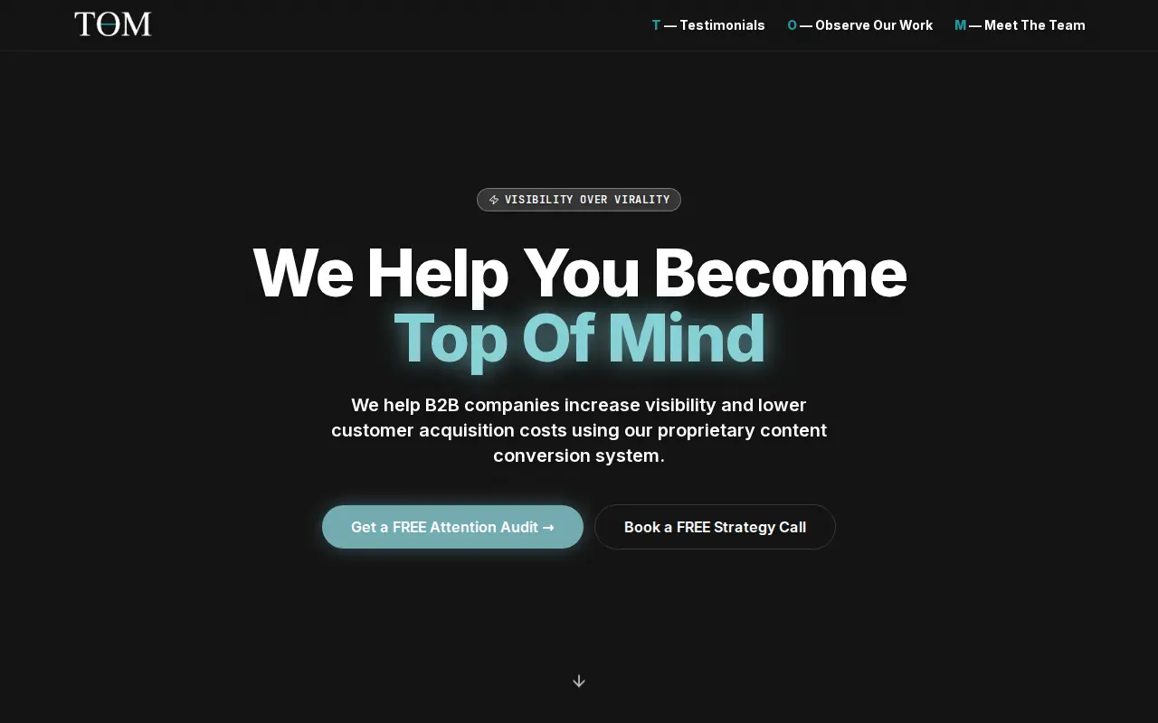 TOM Marketing homepage — a near-black hero reading 'We Help You Become Top Of Mind'