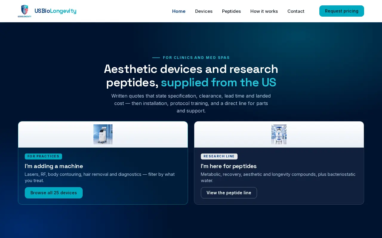 US Bio Longevity homepage — a dark teal hero reading 'Aesthetic devices and research peptides, supplied from the US' over two product cards